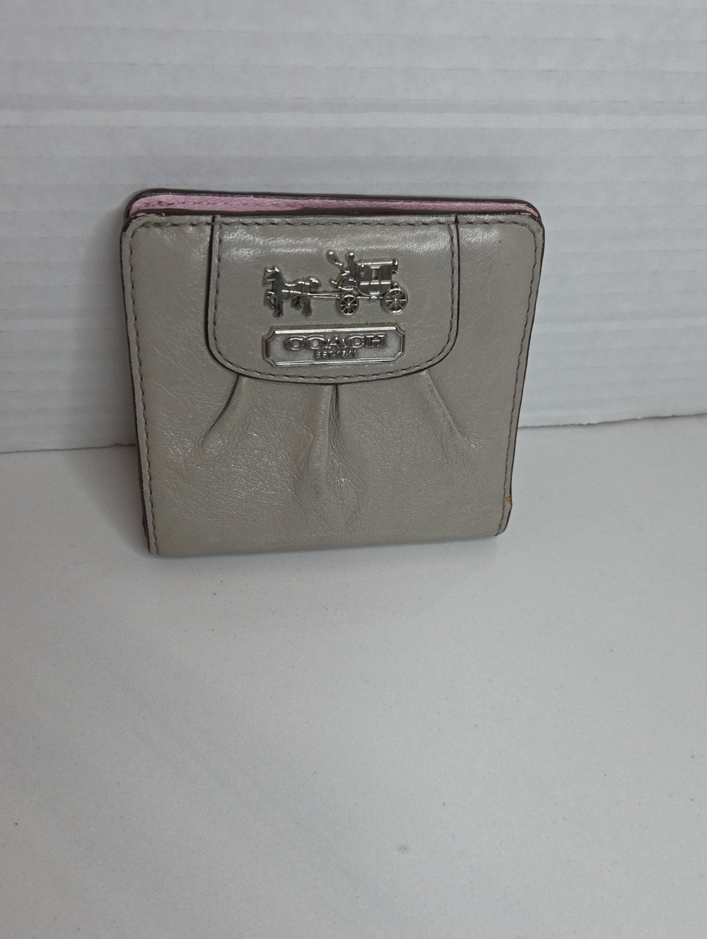 Coach Leather Bifold Wallet in Light Gray with Pink Trim